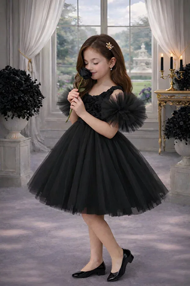 Детское платье для девочек с пайетками Pompom sleeves rose patterned tulle party and birthday dress Rumi Kids, Black — фото 2