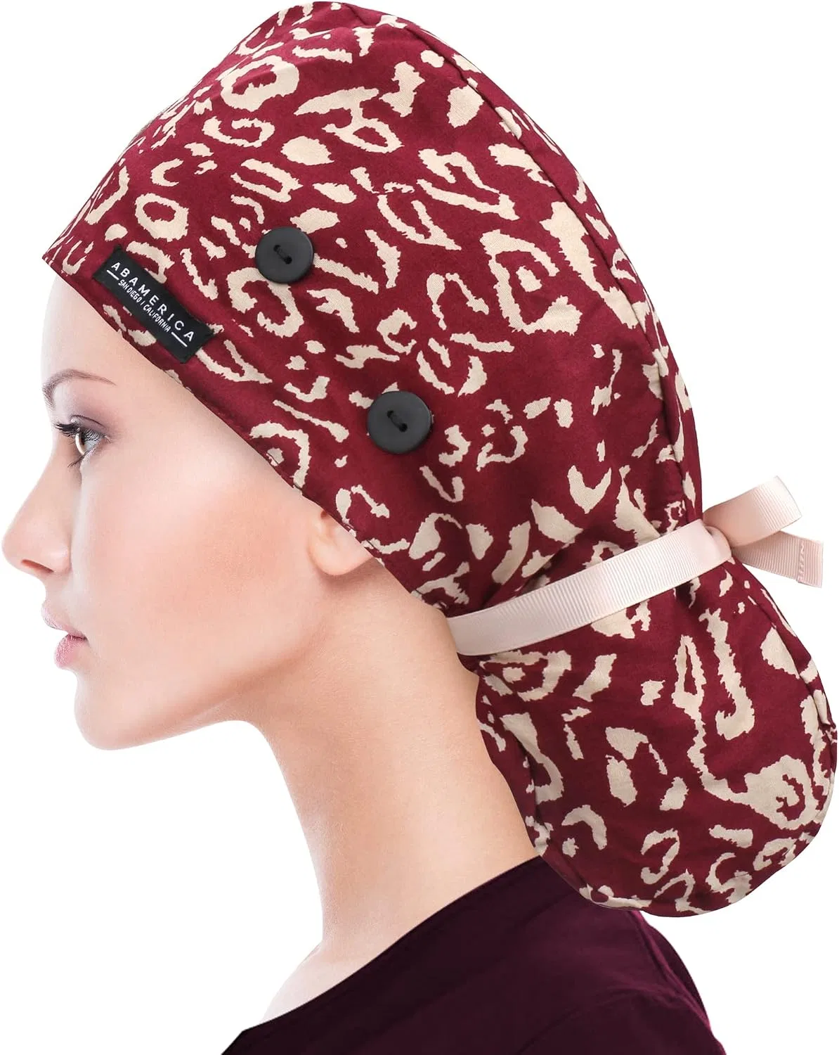 Шапочка для душа, ABAMERICA, на пуговицах, сатиновая, A-93 Satin Wine Red Leopard — фото 2