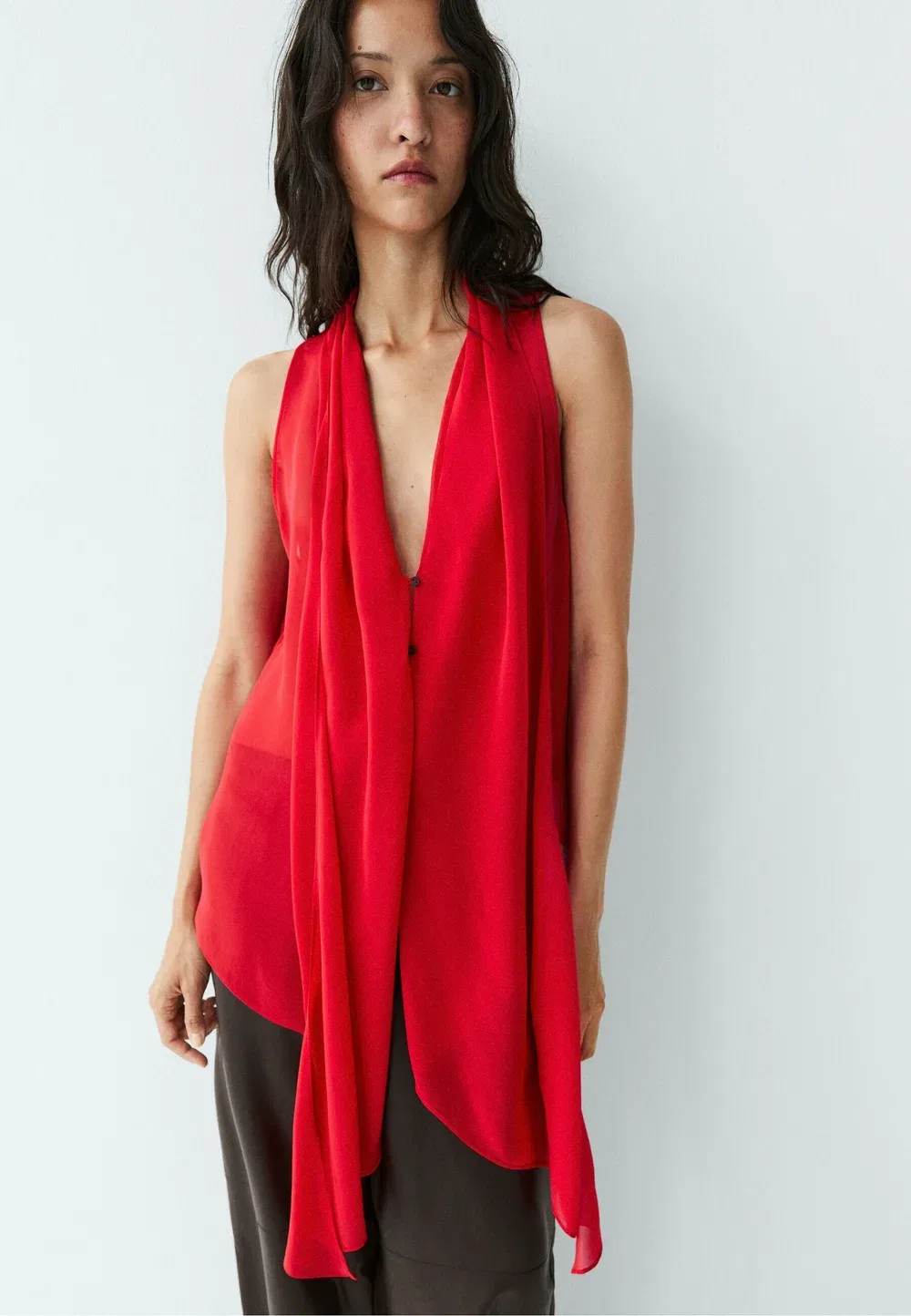 Полупрозрачная блузка из 100% шелка - на пуговицах Massimo Dutti, Red — фото 4