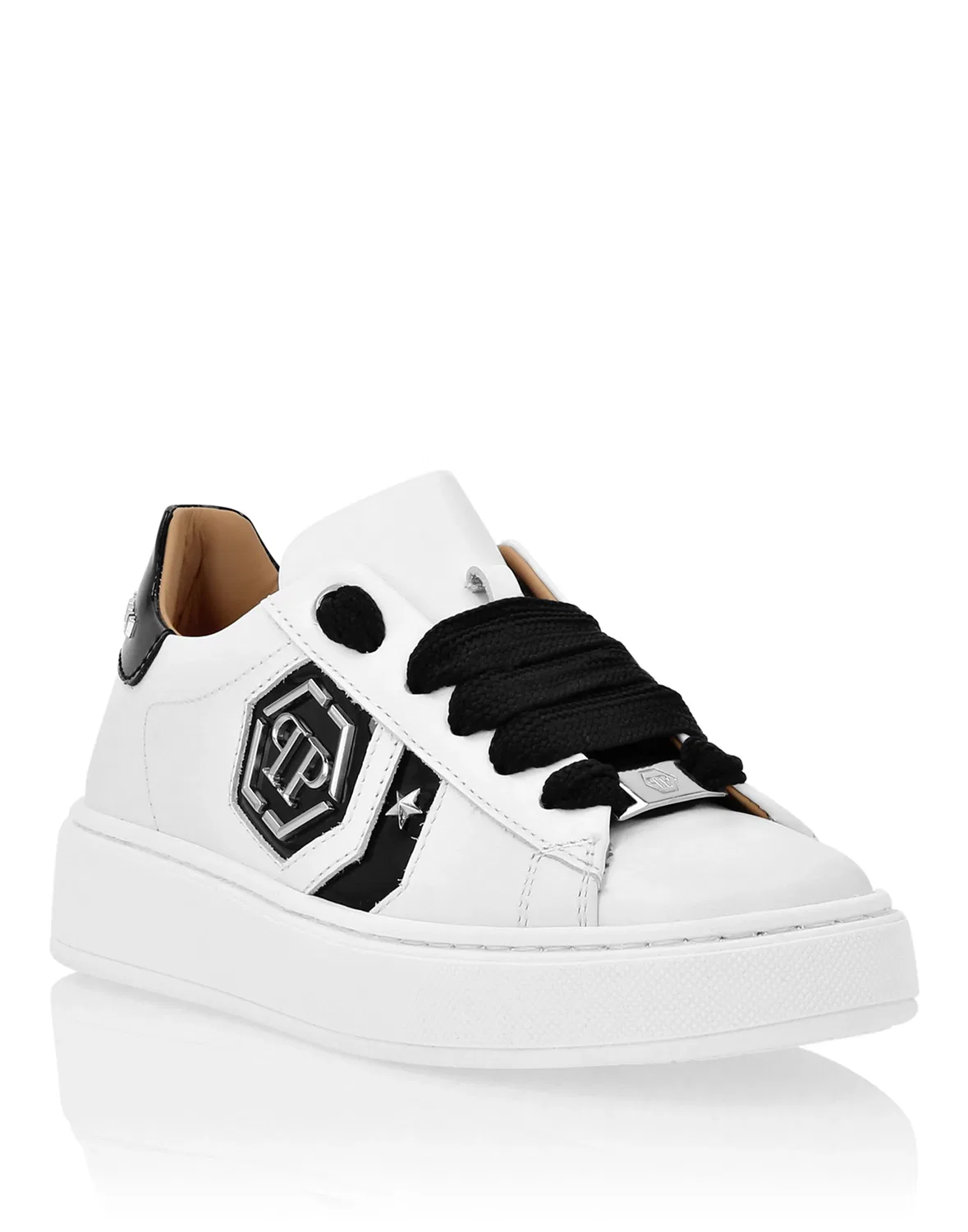 Детские кроссовки низкие с тисненым логотипом Lo-Top Sneakers Hexagon PHILIPP PLEIN, White/Black