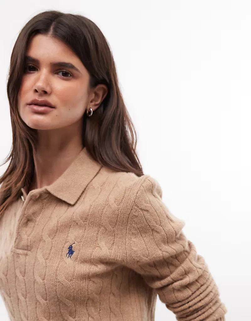 Хлопковая рубашка поло Polo Ralph Lauren с логотипом Icon, выполненная в технике косички, коричневый — фото 2