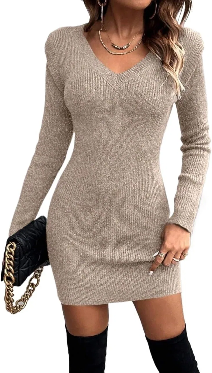 Женское короткое платье с V-образным вырезом Rib-Knit, Camel