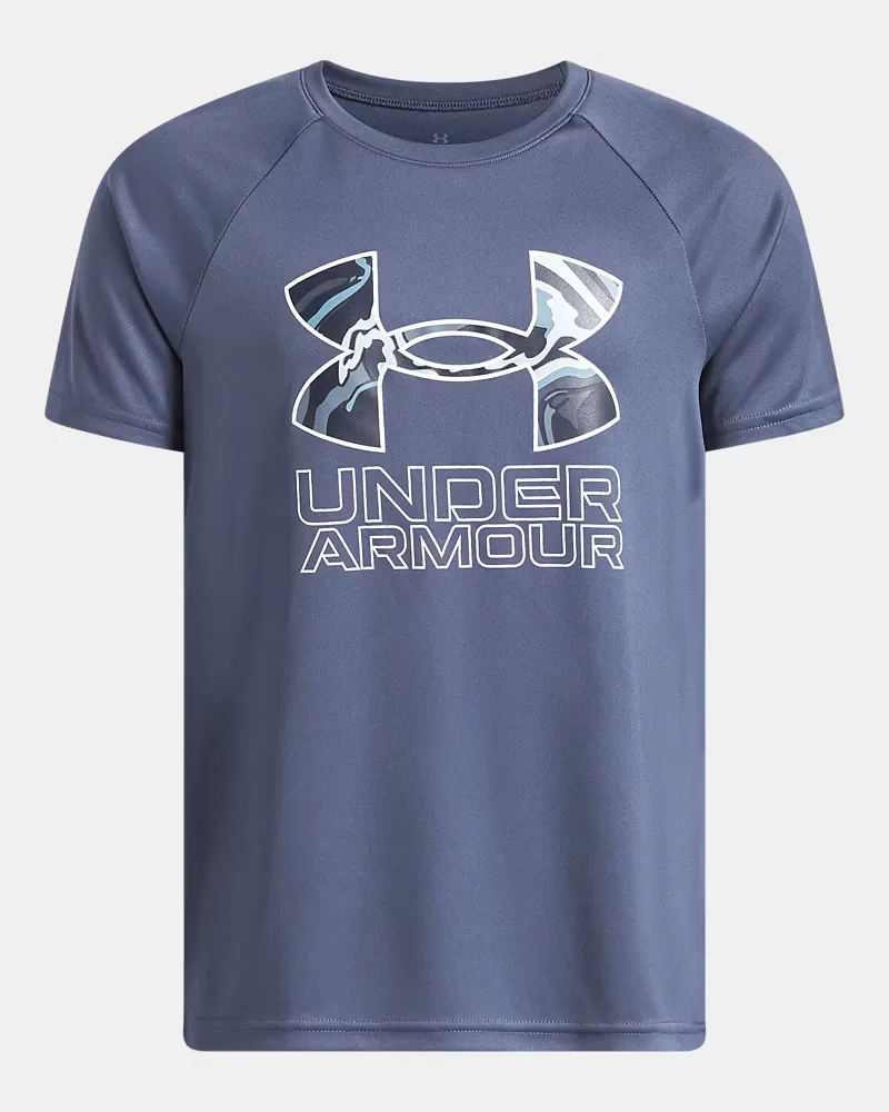 Футболка для мальчиков с коротким рукавом, влагоотводящая UA Tech Hybrid Print UnderArmour, Downpour Gray/White