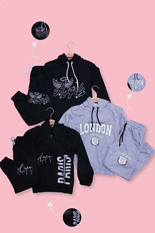 Детский комплект спортивных костюмов для девочек с принтом Fyk Collection, Black-Gray