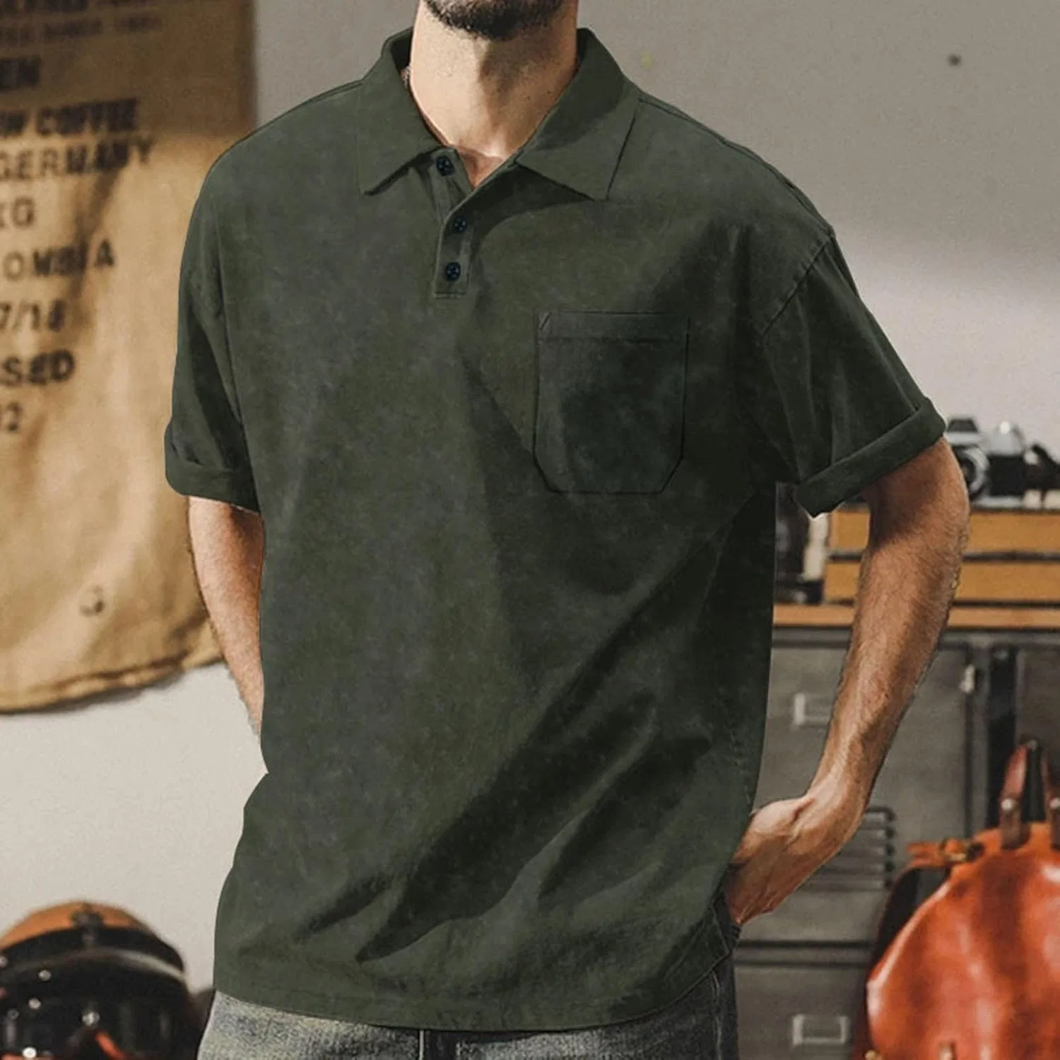 Мужская свободная хенли футболка с карманом, Army Green — фото 2