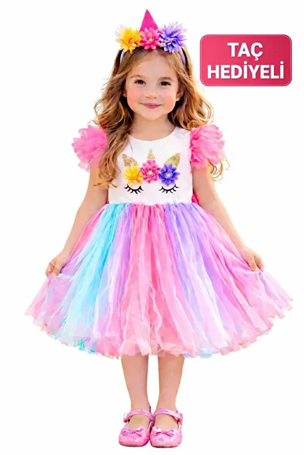 Детское платье для девочек с принтом Unicorn birthday dress + crown gift fluffy tulle princess party dress Kozadankids, Multicolor — фото 3