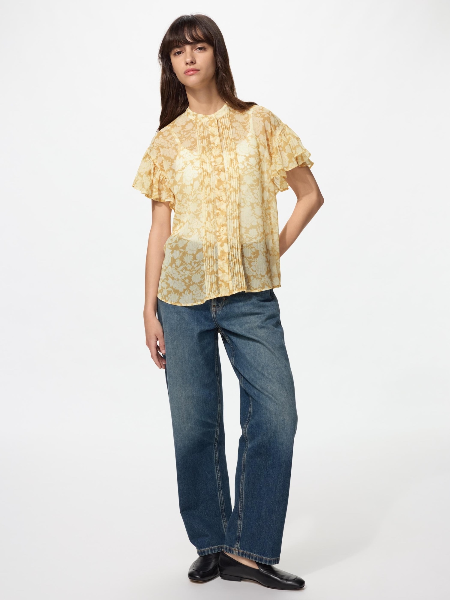 Шифоновая блуза Uniqlo Floral Print, 32 бежевый — фото 3
