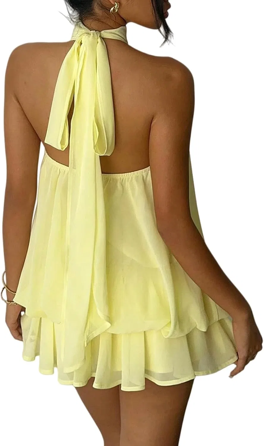Женское мини-платье на шею-галстук с заниженной талией, Yellow — фото 4
