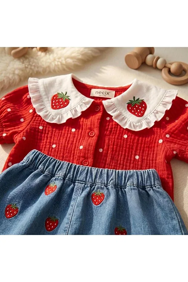Детский комплект для новорожденных хлопковый Fisto strawberry collar embroidered 100% cotton muslin fabric mini denim skirt double holiday set Altintaş Baby, Red Blue — фото 2