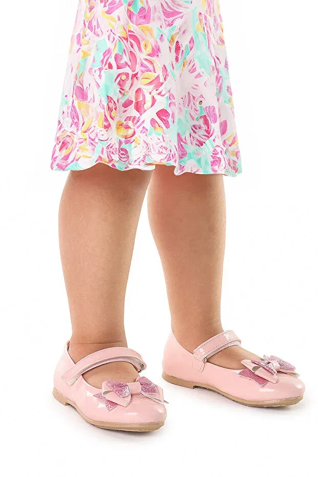 Детские балетки с блестками и бантом Silvery patent leather velcro sand glitter bow Kiko Kids, Pink — фото 3