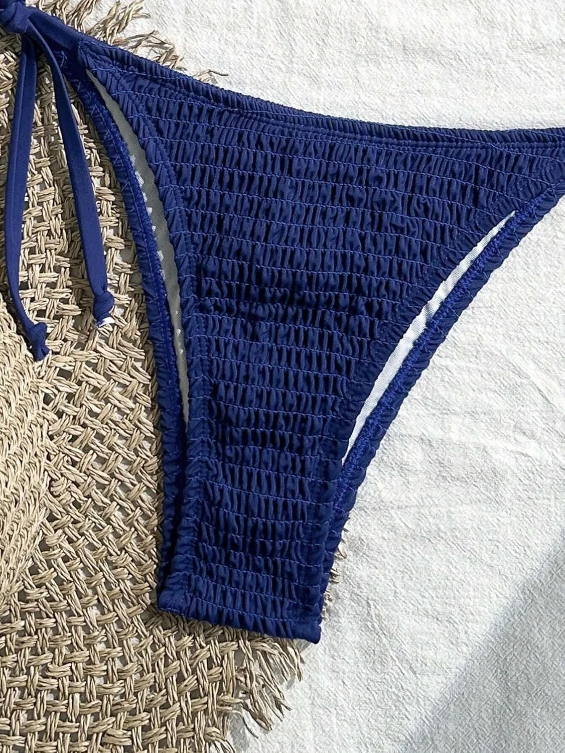 Женский бикини-комплект с завязками на спине, высокими трусиками Halter, Navy Blue — фото 2