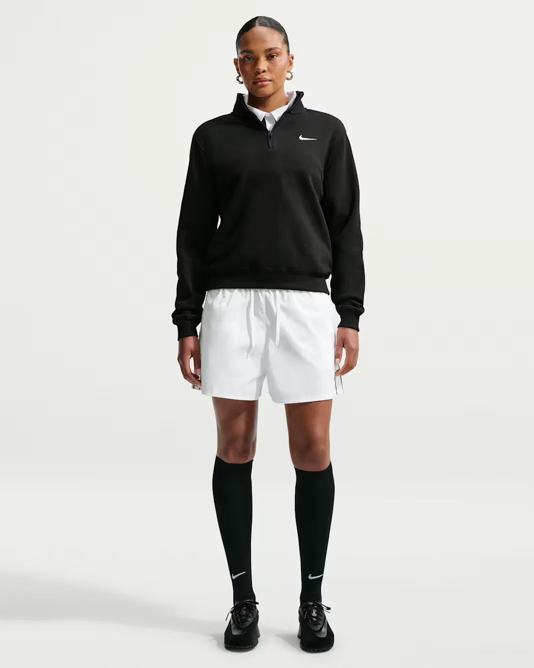 Женская футболка с застежкой-молнией на четверть длины Nike Studio Fleece Medium Weight, Total Black/Sail — фото 4