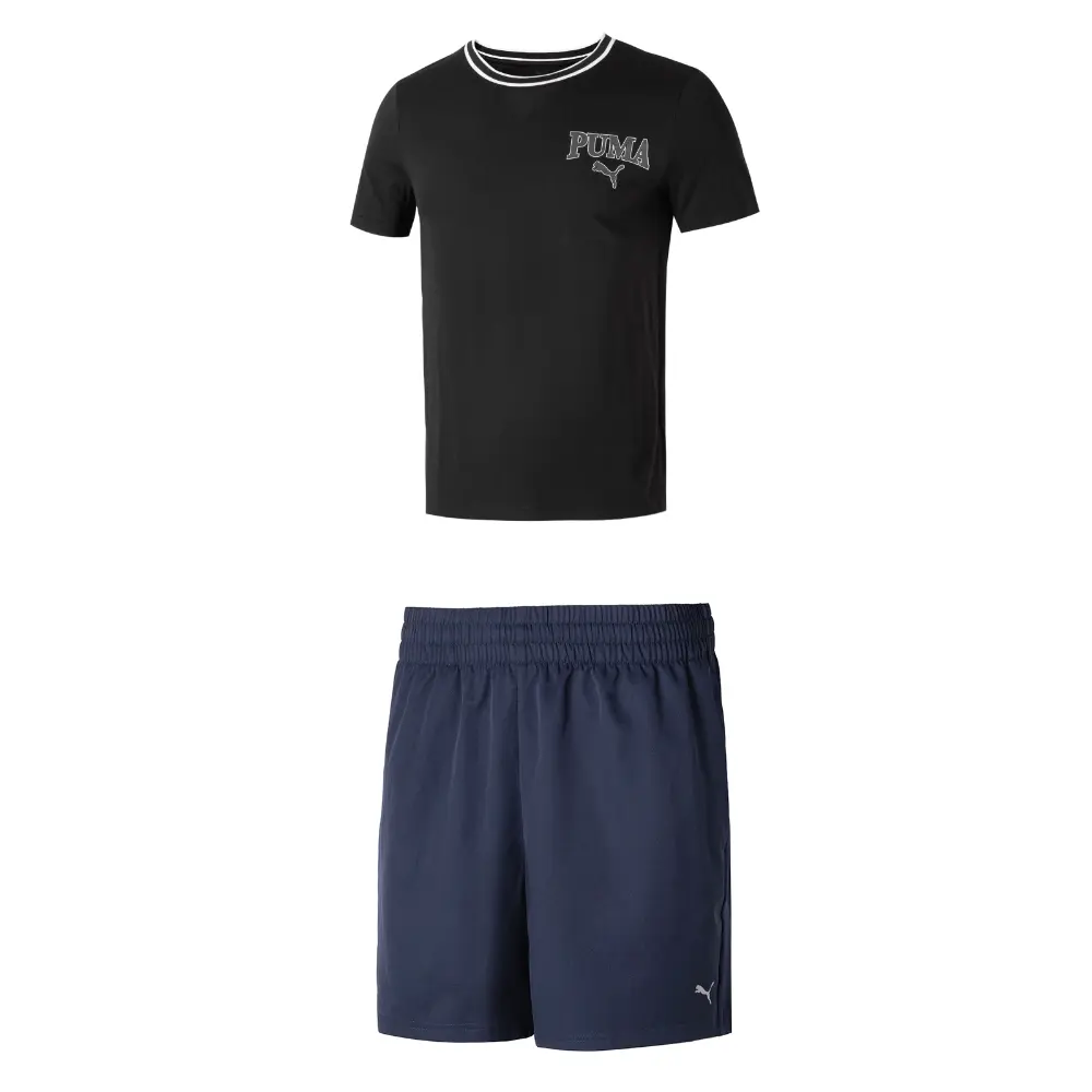 

Повседневный спортивный мужской костюм черная рубашка + синие шорты Puma, черный