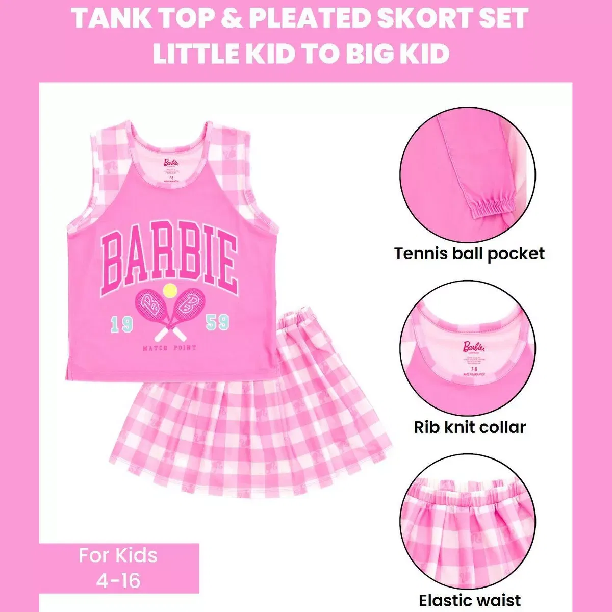 Детский комплект для девочек с принтом Barbie Tank Top and Pleated Skort Outfit Set, Checkered Pink — фото 2