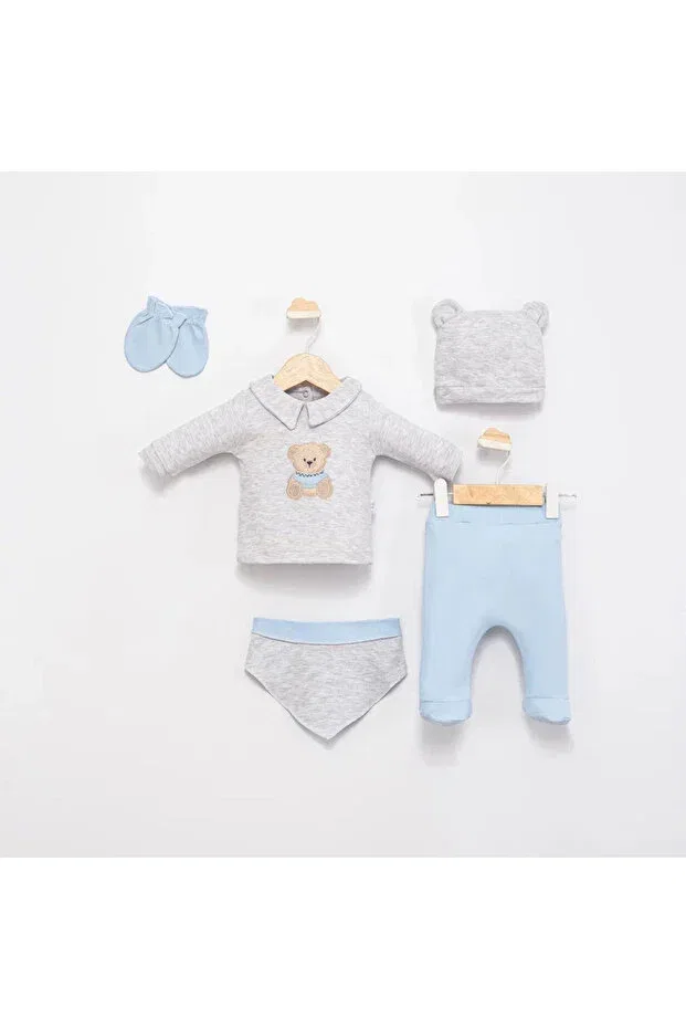 Детский комплект для новорожденных для мальчиков хлопковый Gentle teddy 5-piece newborn hospital discharge set Nonna Baby, Blue — фото 2