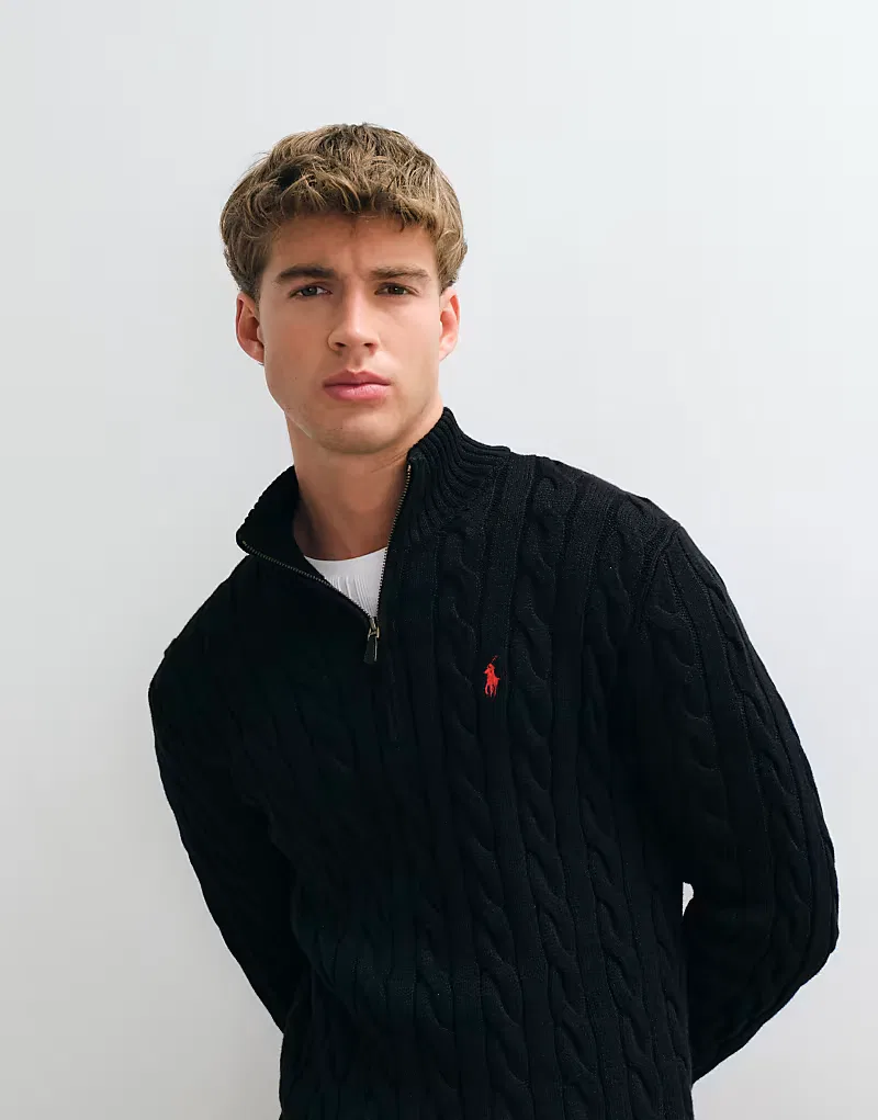 Хлопковая толстовка Polo Ralph Lauren с логотипом Icon и косами, застежка-молния до середины груди, черный