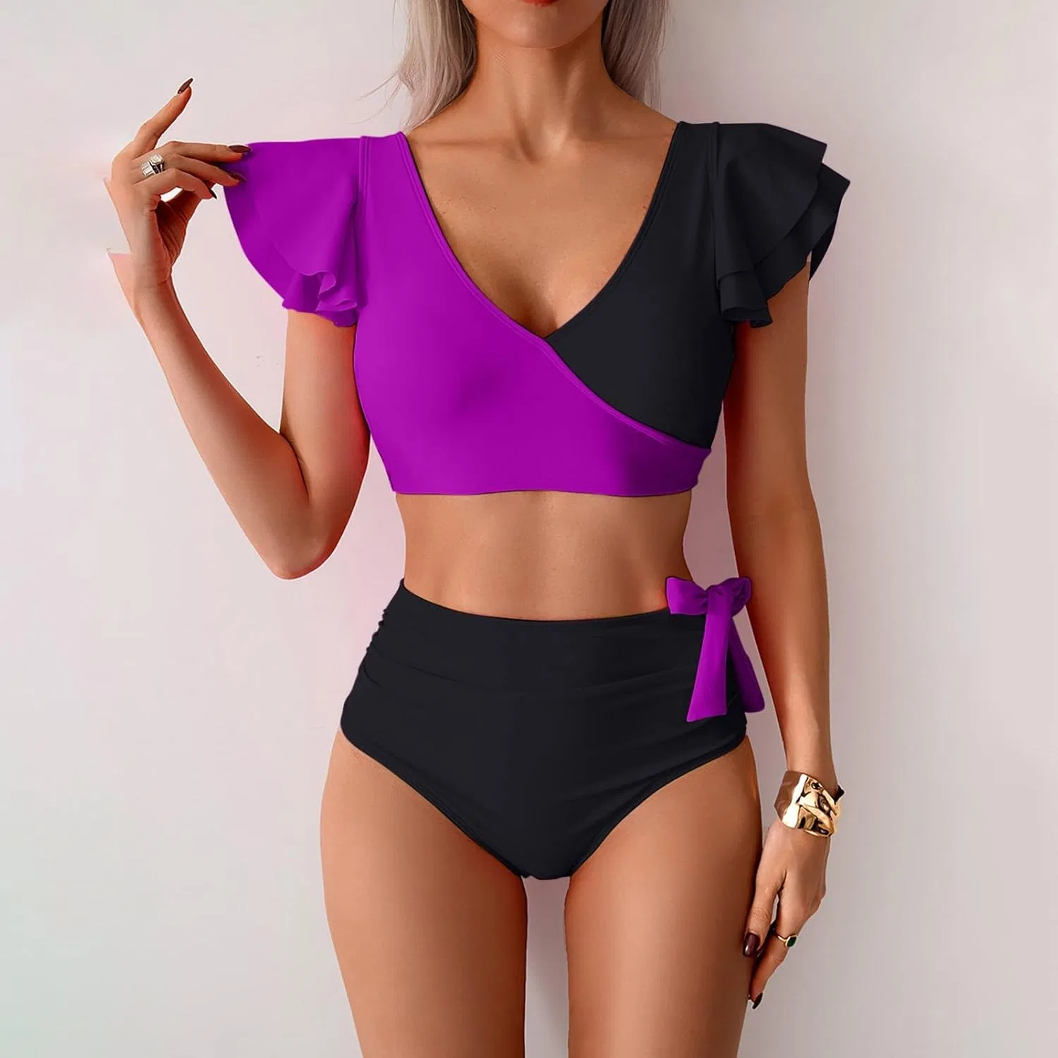 Женский бикини-комплект с рюшами Push Up Tank Top и High Waisted Shorts, Purple — фото 2