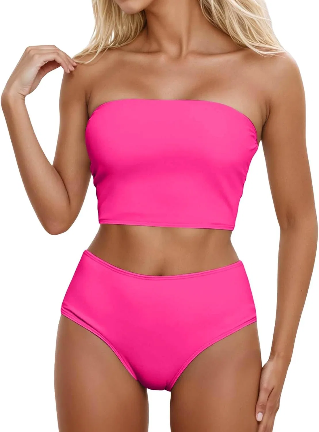 Женский бикини-комплект с пуш-ап топом и высокой талией, Solid, Hot Pink