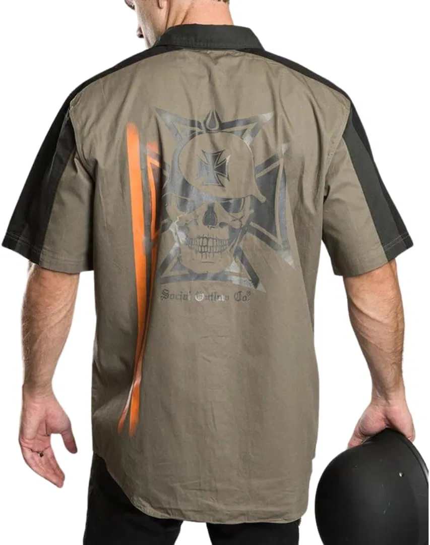 Мужская механик-рубашка с черепами Biker Skull, Orange Stripes