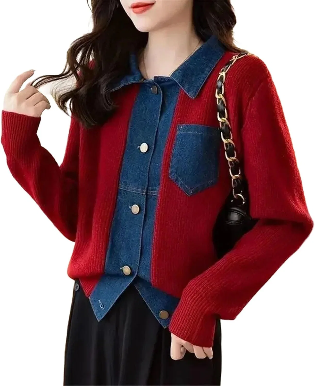Женский джинсовый кардиган с воротником, модель Spring Denim Patchwork, красный