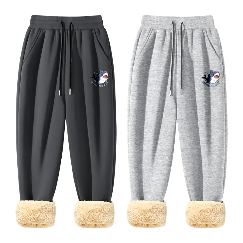 Детские утепленные спортивные штаны на флисе с манжетами MINISO, Dark Gray (B Happy Shark Pants Logo)+Heather Gray (B Happy Shark Pants Logo)