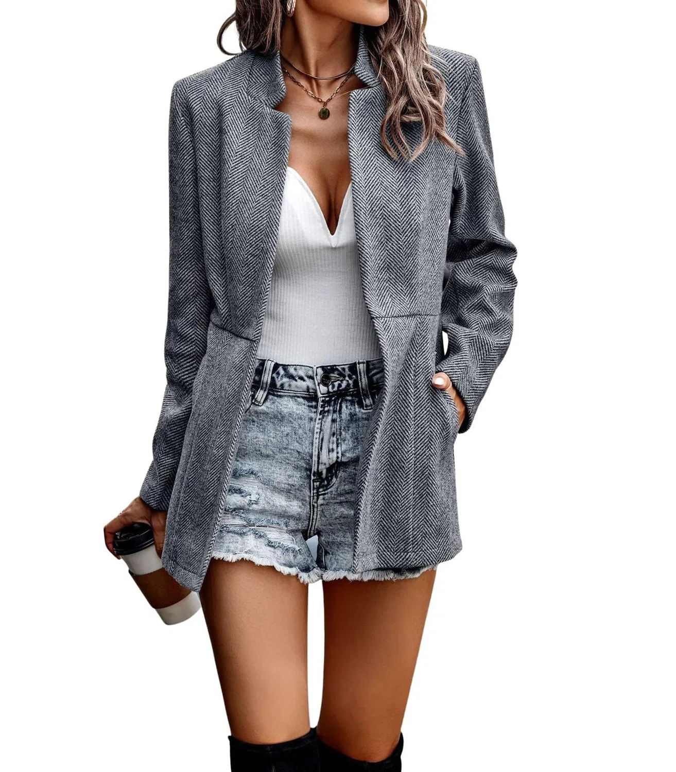 Женское пальто с лацканами и длинным рукавом, grey