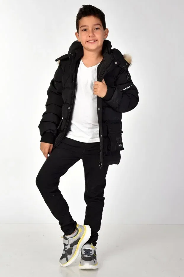 Детское пальто для девочек зимнее с капюшоном Benitto Kids, Black — фото 3