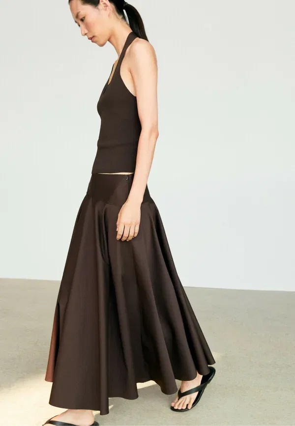 Юбка хлопковая Flounce midi skirt with yoke detail - maxi skirt Massimo Dutti, темно-коричневый — фото 4