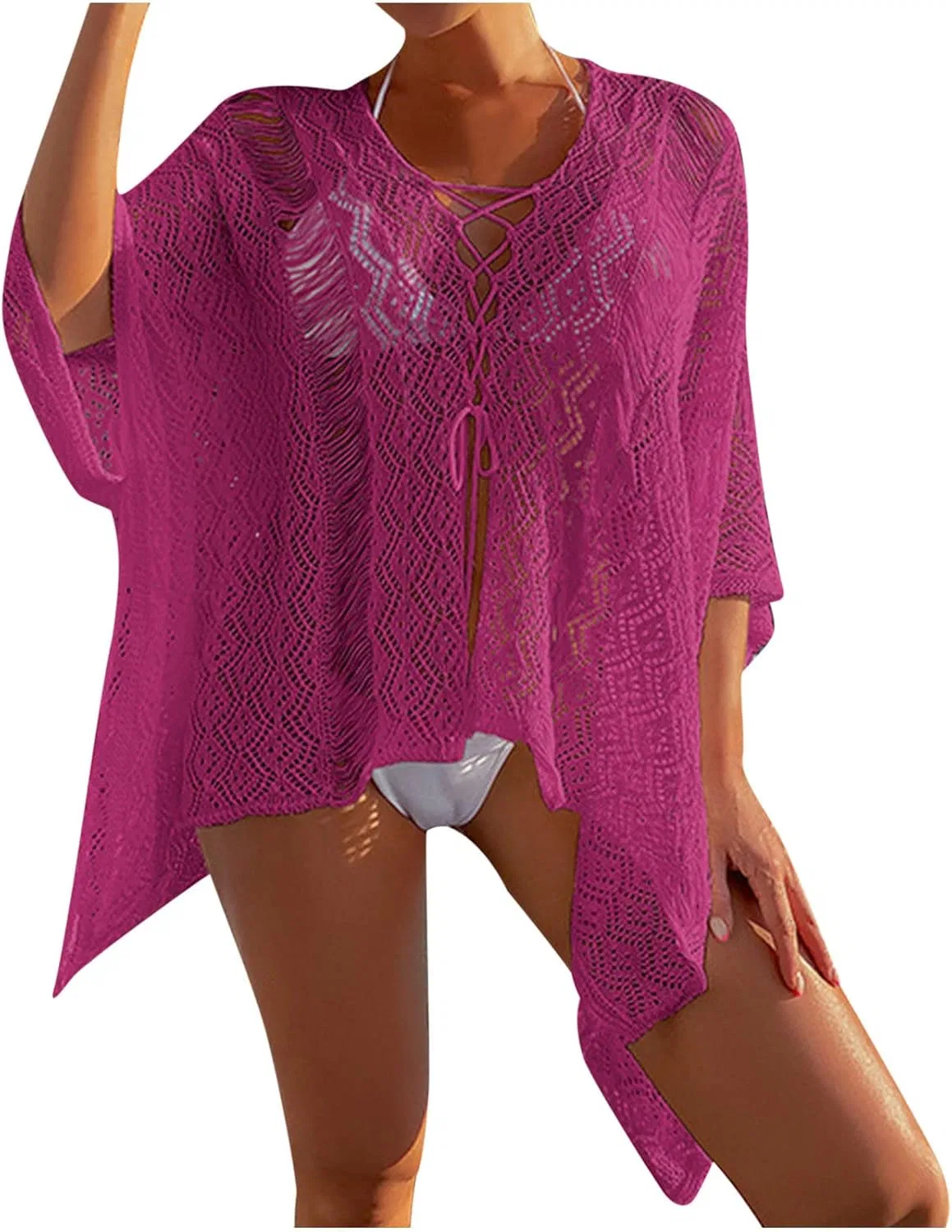 Женский пляжный халат с кружевной шнуровкой Plus Size Swim Cover Up, Hot Pink
