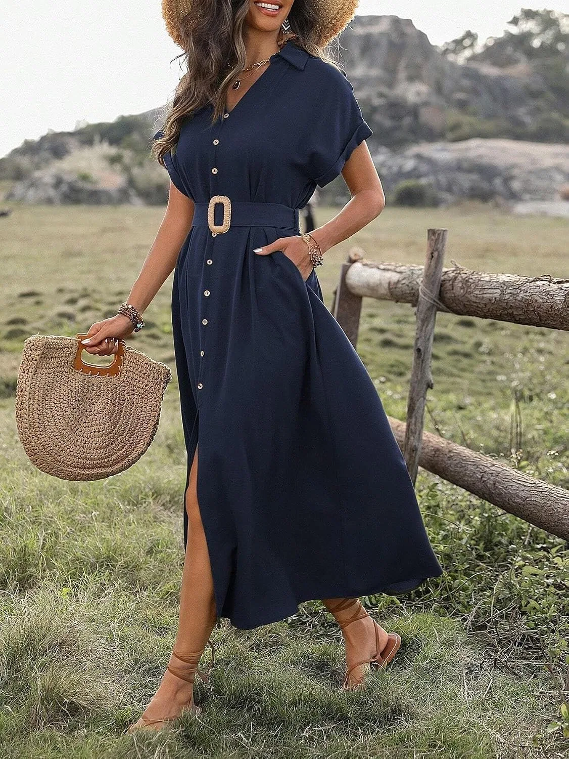 Женское платье-рубашка с поясом на пуговицах, Navy Blue — фото 3