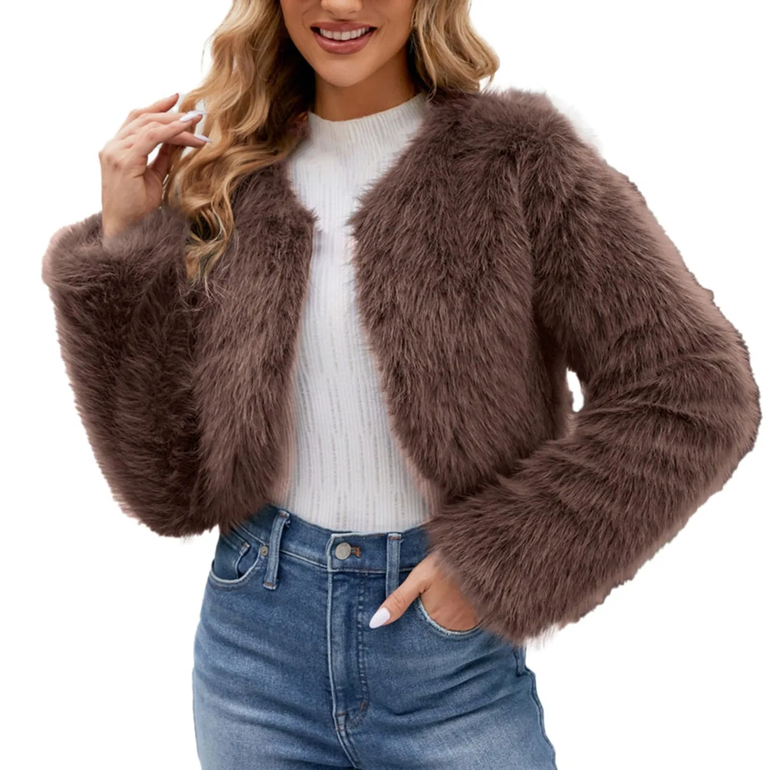 Женское пальто из искусственного меха с длинным рукавом, dark khaki