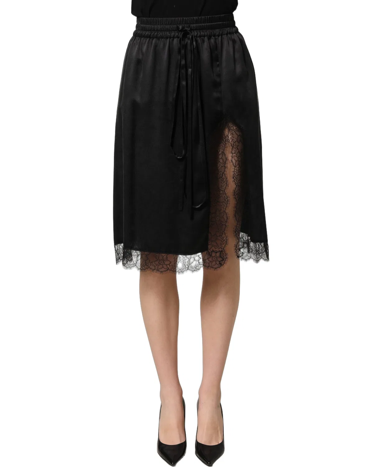 Женская атласная юбка с кружевной отделкой и боковым разрезом Black Lace Trimmed Satin Side Slit Skirt Dolce & Gabbana, черный — фото 3
