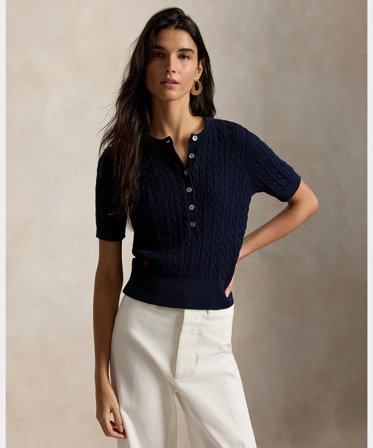 Женский полуприлегающий свитер с коротким рукавом и узором косичка POLO RALPH LAUREN, Blue