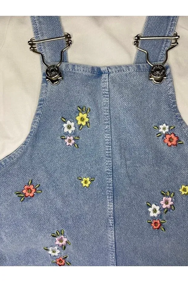 Детский комбинезон для девочек с цветочным принтом Tiny flower embroidery detailed short sleeve baby girl salopet set of 2 Aslin Store, Ecru — фото 4