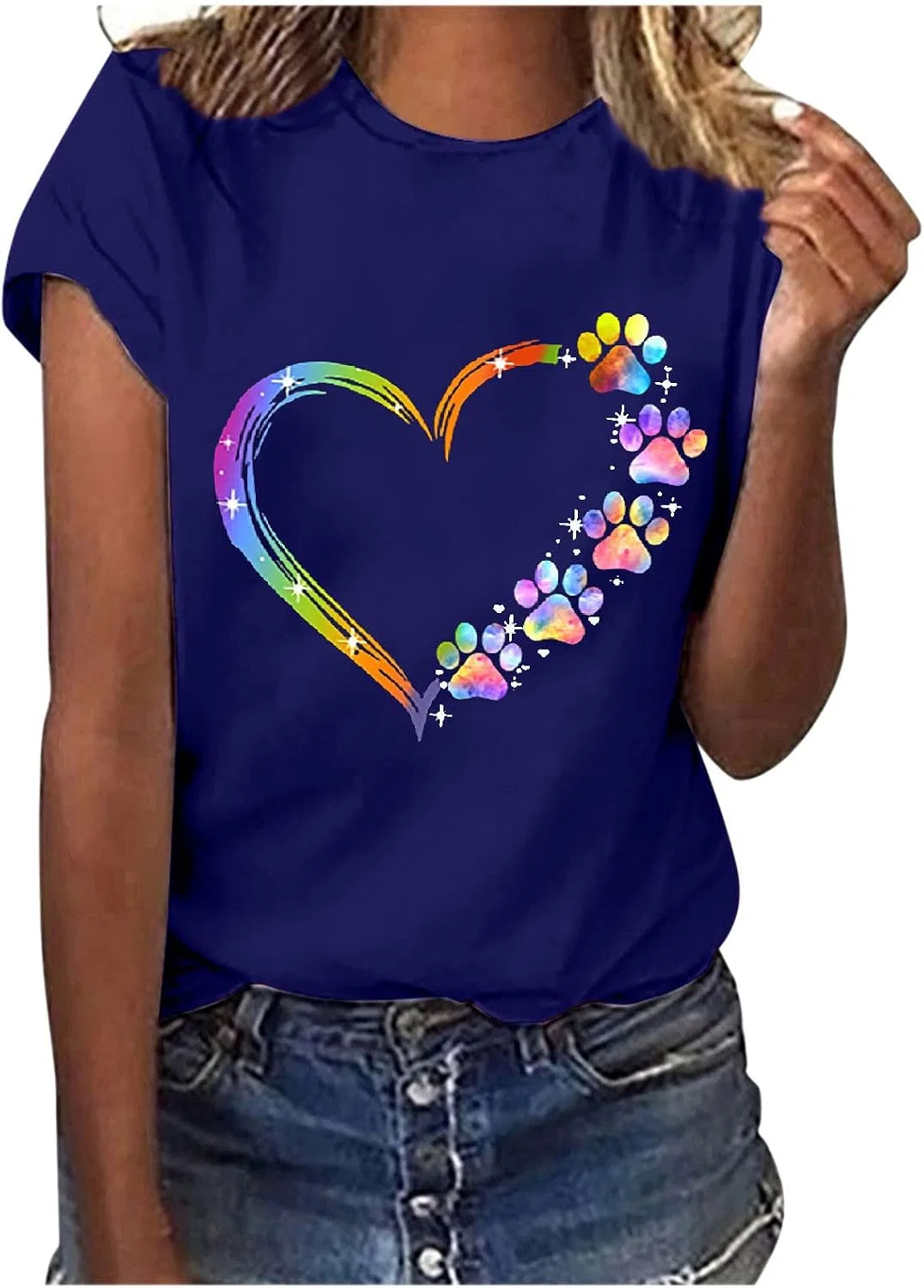 Женская футболка с коротким рукавом с принтом, Colorful Heart Paw Print, синий