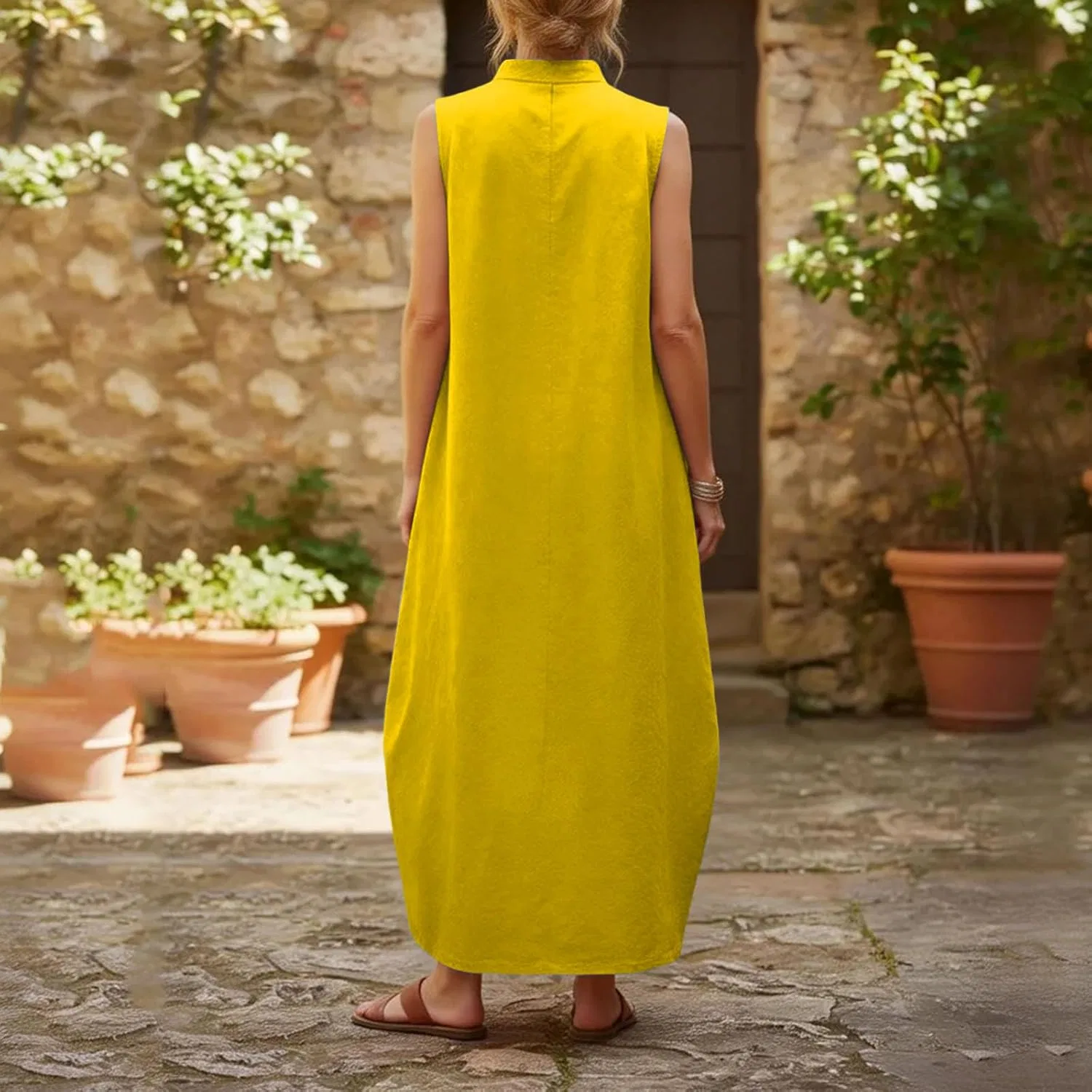 Женское летнее платье свободного кроя без рукавов, Yellow — фото 3