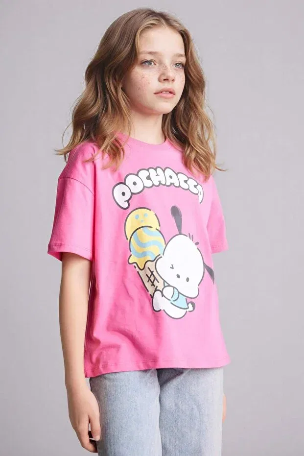 Детская футболка для девочек с принтом Pochacco Oversized Crew Neck Short Sleeve Defacto, Pink-Pn206 — фото 3