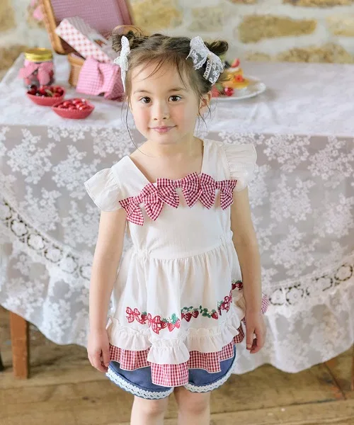 Детская туника с вышивкой клубники и лентой coeur a coeur, Off White