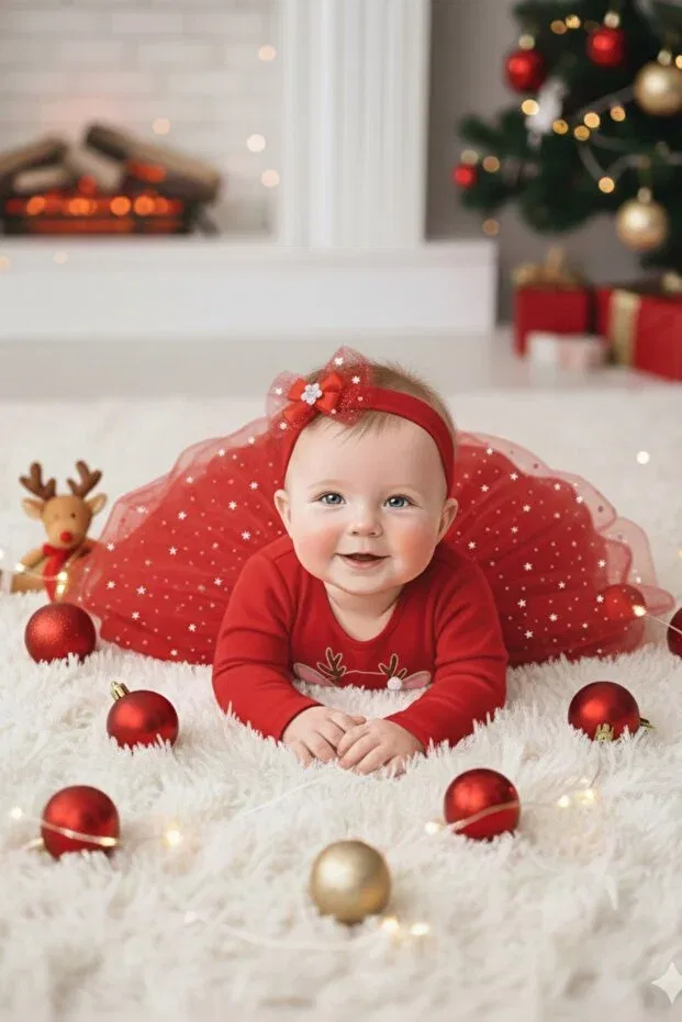 Детский комплект для девочек с принтом New year's red tutu with deer figure new year's bandana and dress 2-piece baby girl set Mamakoala, Red — фото 4