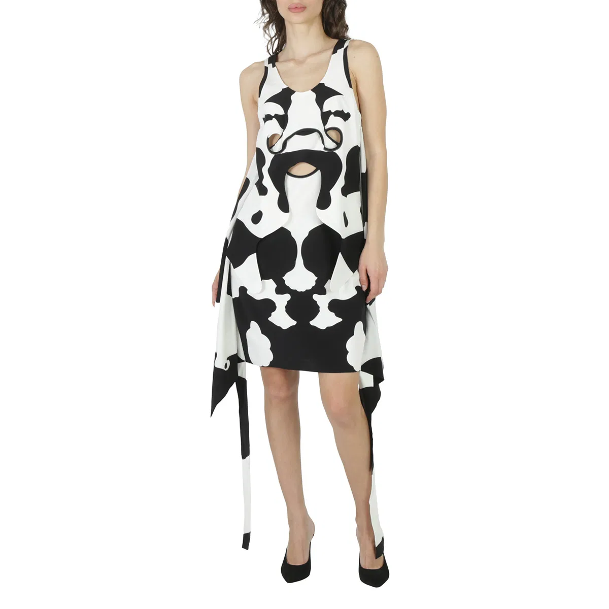 Платье-трапеция с принтом Cow-Print Pieced Cutout Silk Mini Dress Burberry, Monochrome Ip Pttn