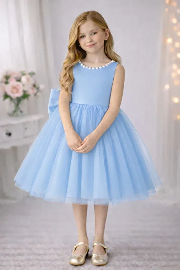 Детское платье для девочек сатиновое Violet model collar pearl girls dress satin top, fluffy dream tulle special occasion dress Suneh, Baby Blue