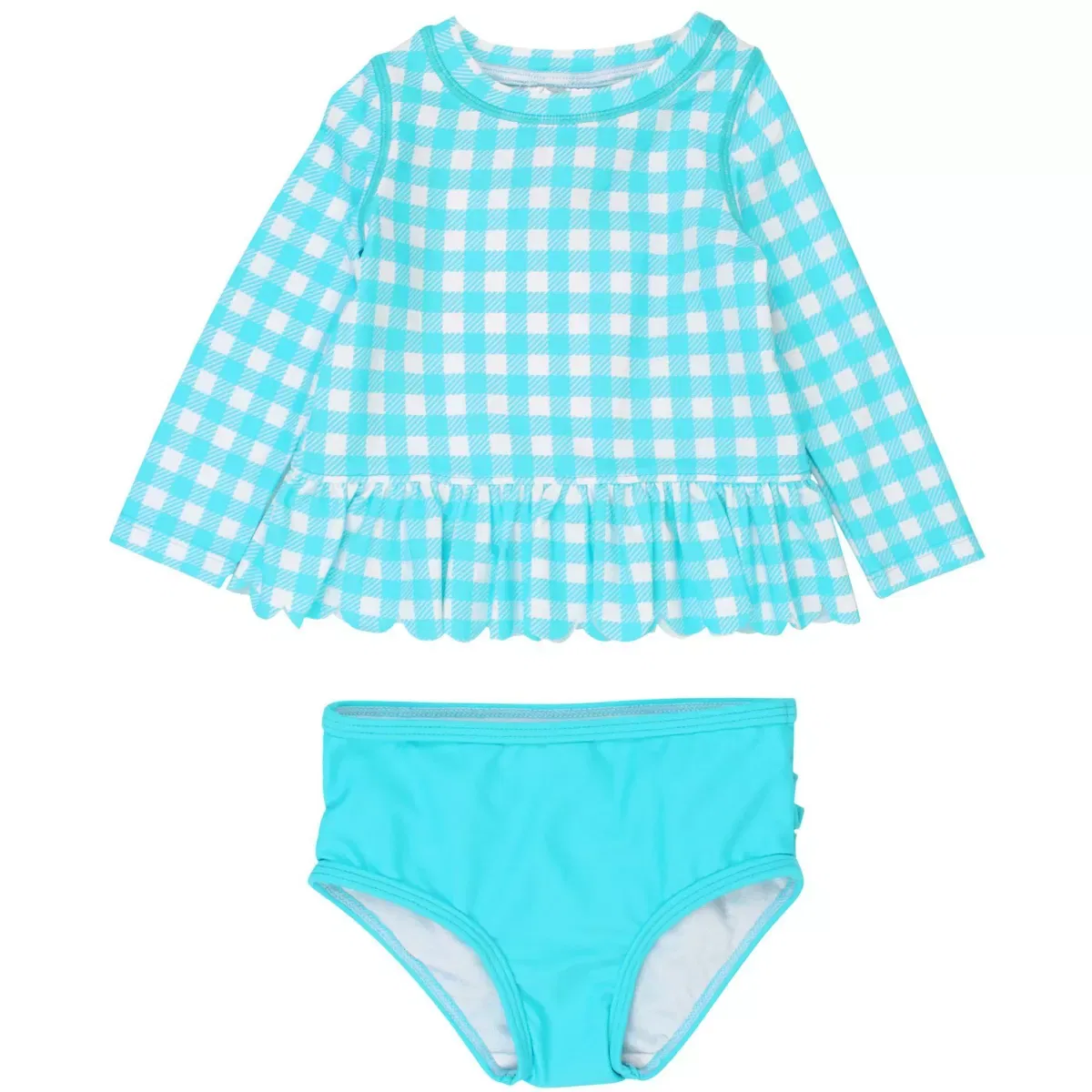 Детский купальный комплект для девочек с длинным рукавом Gingham Scallop Hem Long Sleeve Rash Guard Bikini RuffleButts, Bright Aqua Gingham