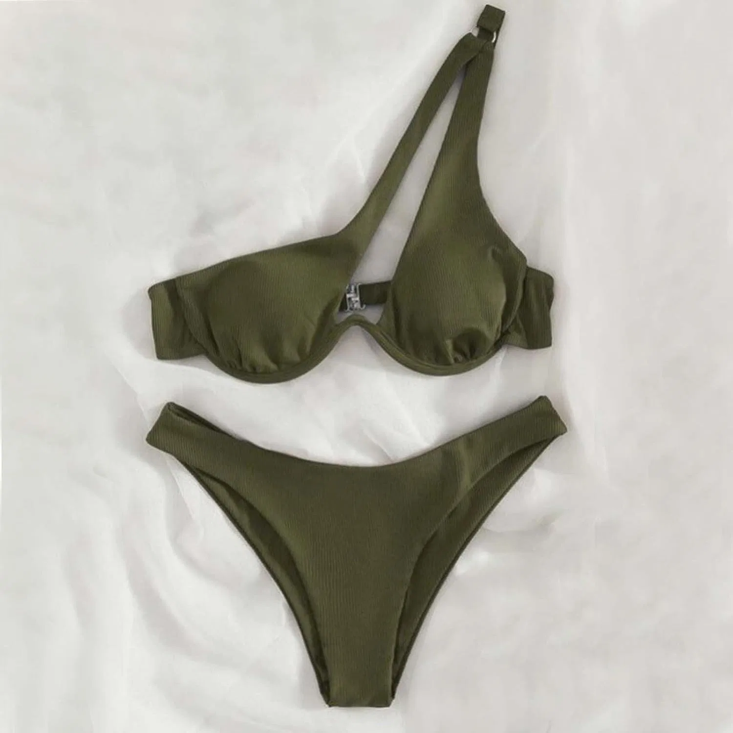 Женский бикини-комплект с вырезом на одно плечо, Push-up, Army Green — фото 2