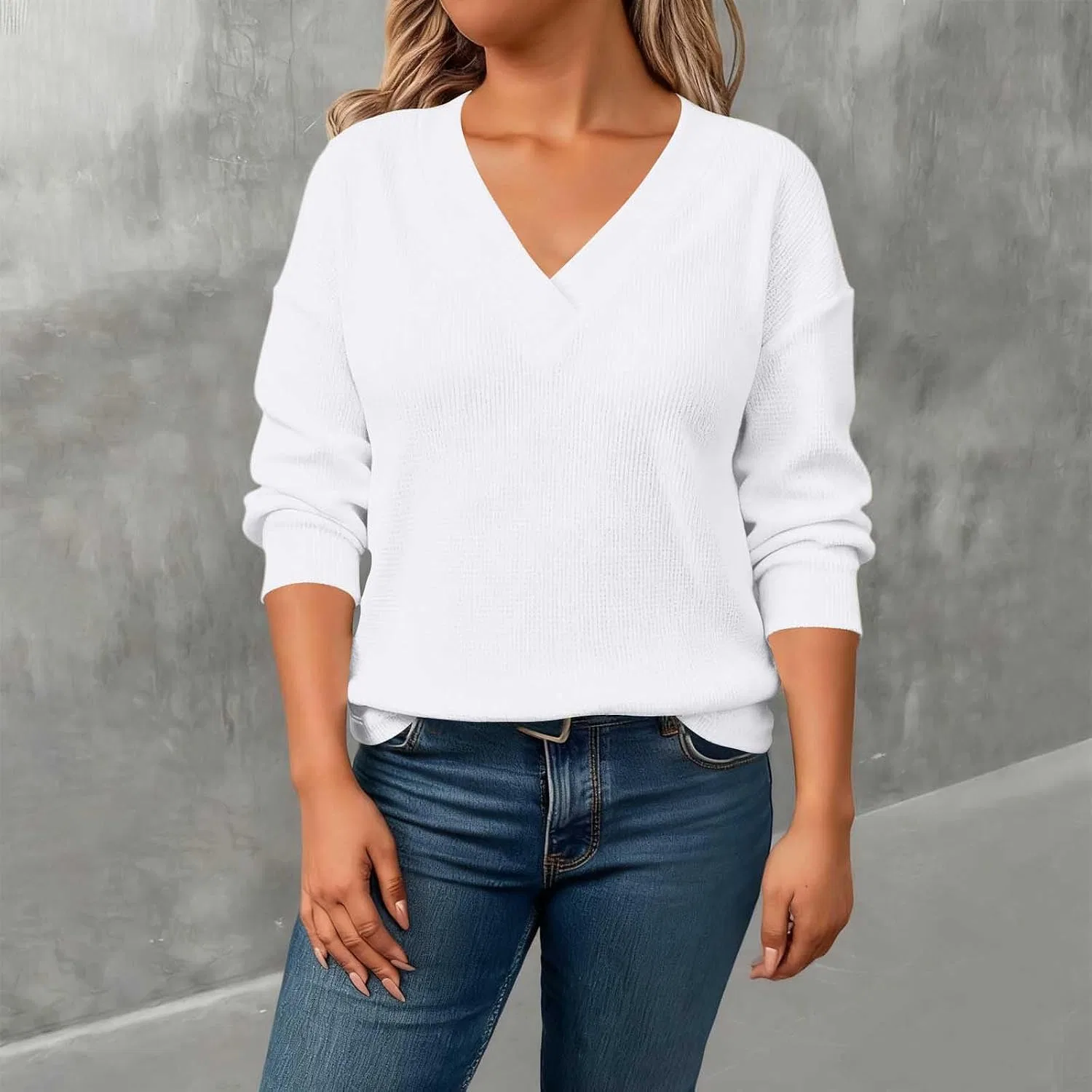 Женская футболка с v-образным вырезом Waffle Long Sleeve, White — фото 2