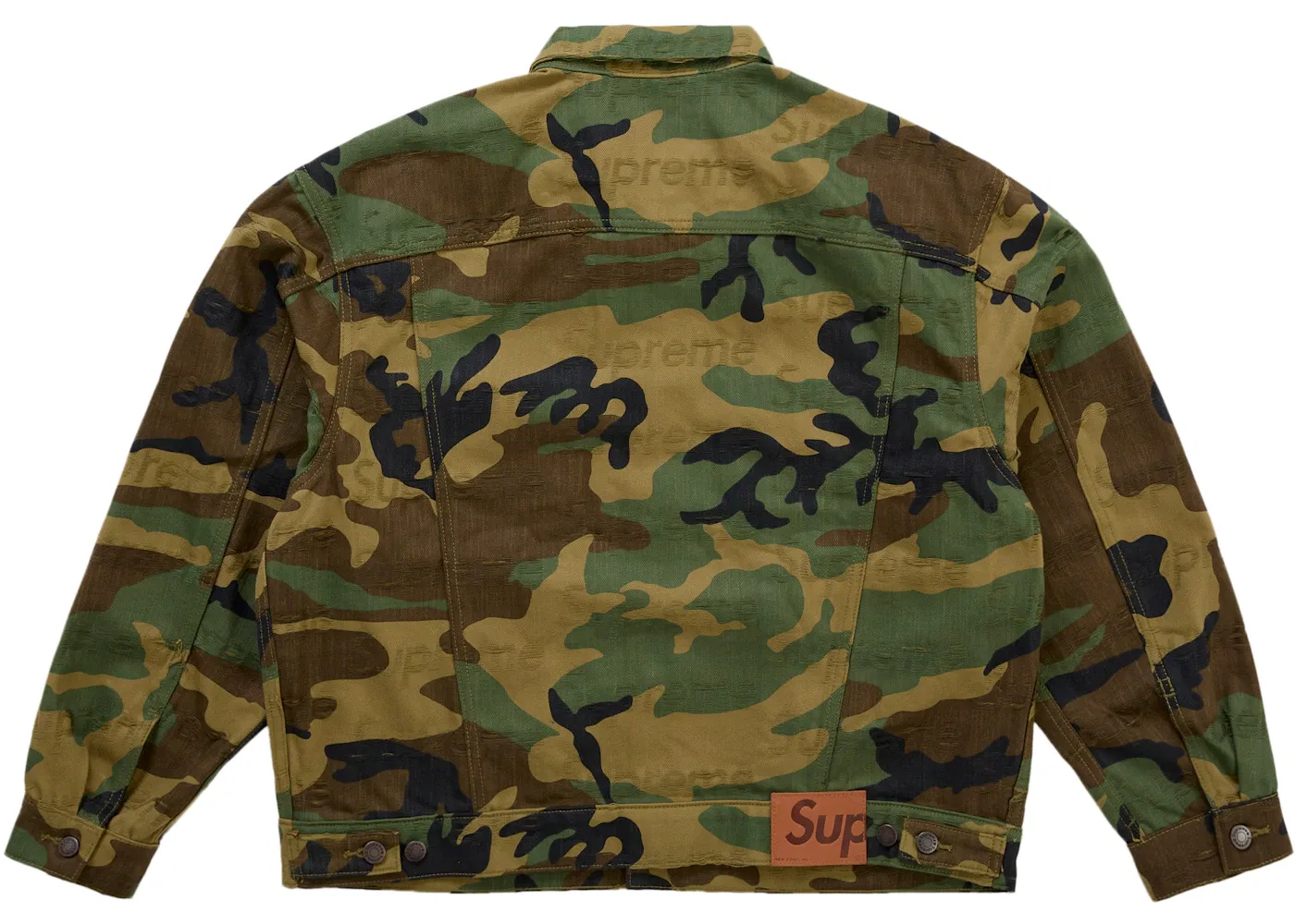 Мужская джинсовая куртка-тракер с жаккардовыми логотипами Supreme, Woodland Camo — фото 2
