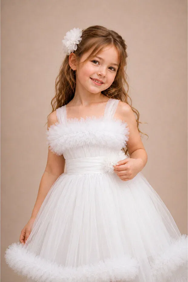 Детское платье для девочек с открытыми плечами Princess Tail Dream Tulle Atlas Kids, White — фото 4