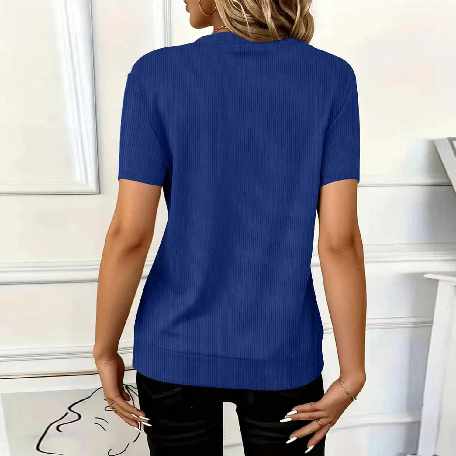 Женская футболка с V-вырезом Ribbed Knit, A09-blue — фото 3