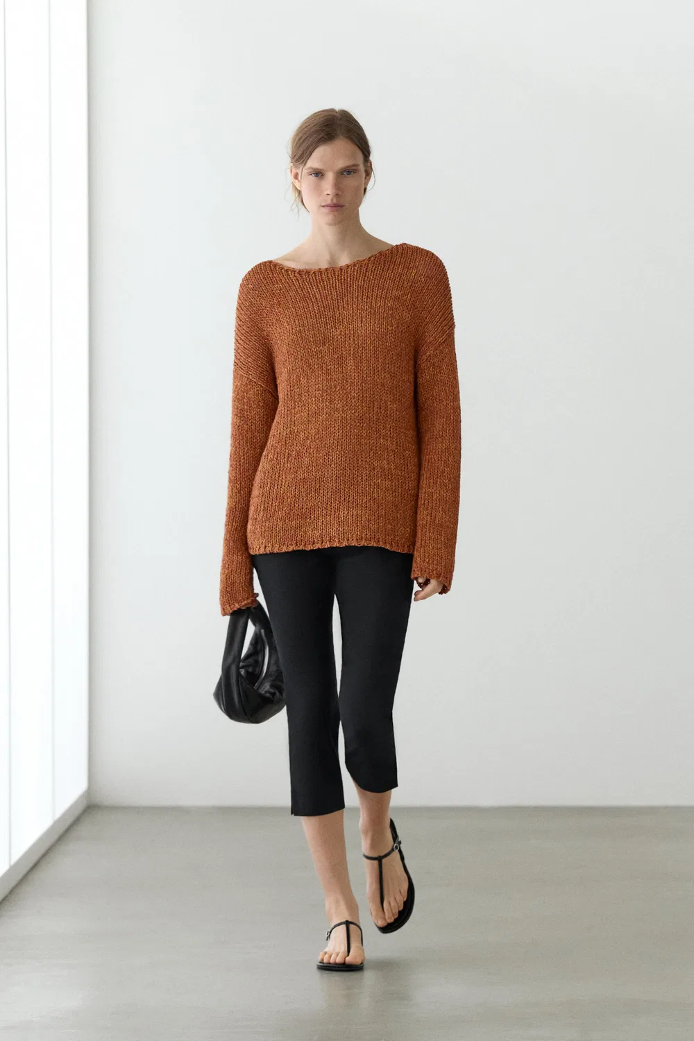 Свитер из смесовой хлопковой ткани с ажурной отделкой Massimo Dutti, Burnt Orange