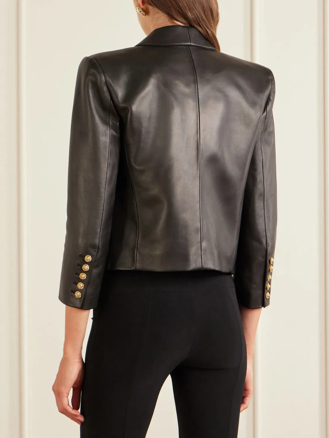 Укороченная кожаная байкерская куртка BALMAIN, черный — фото 3