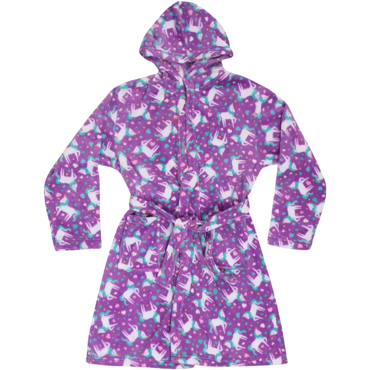 Детский халат с капюшоном из флиса с принтом Just Love, Purple Unicorn Love